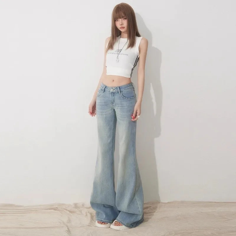 Slim Fit Simple Flared Jeans for Women High Fashion Causal England Style Y2K Street Work Low-waisted Pants Classical Clothing