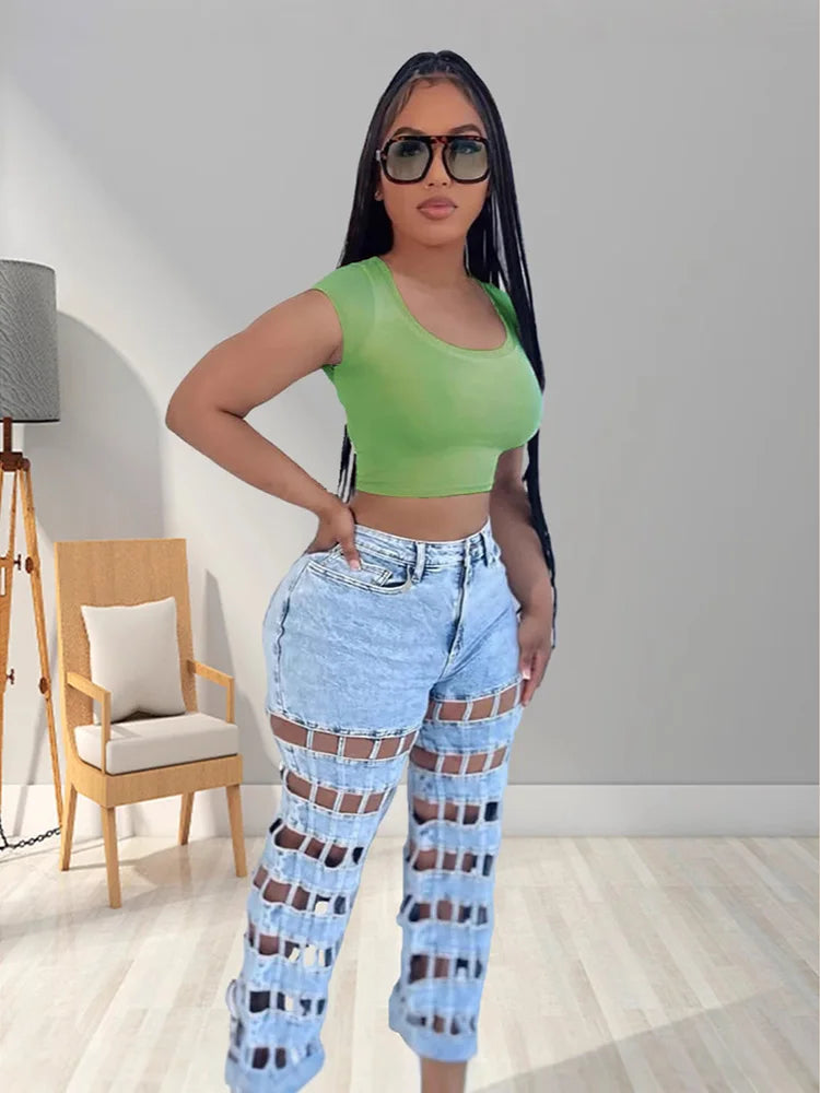 Fashion Hollow Out Denim Pants Woman Solid Color High Waist Wide Leg Jeans Female Streetwear Bottoms Summer 2025 New