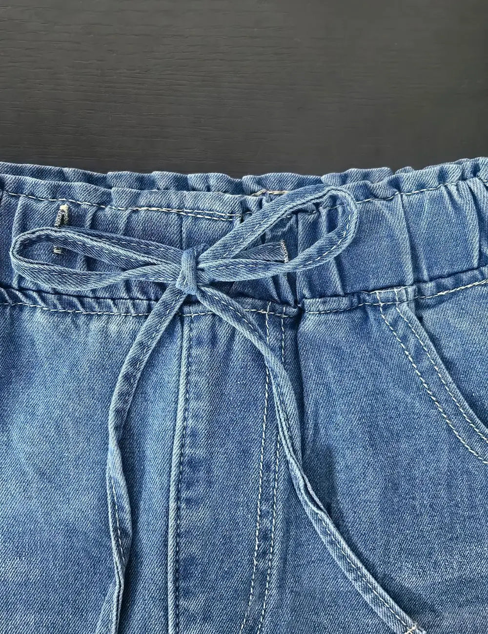 2026 New Women High Waist Drawstring Elastic Waist Washed Solid Color Wide Leg Long Pants Straight Loose Slimming Denim Pants