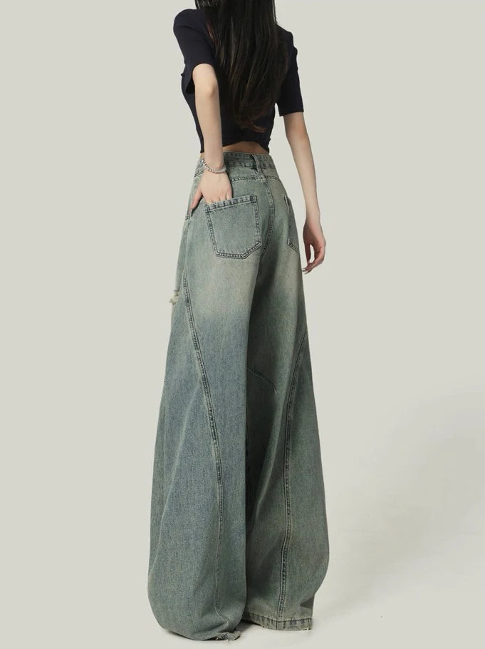 American High Street Retro Women Jeans Simple Basic High Waist Slim Woman Jeans Holes Casual Loose Chic Wide Leg Pants Female