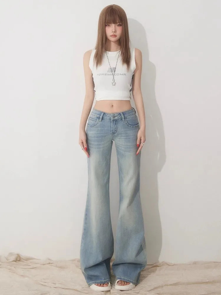 Slim Fit Simple Flared Jeans for Women High Fashion Causal England Style Y2K Street Work Low-waisted Pants Classical Clothing
