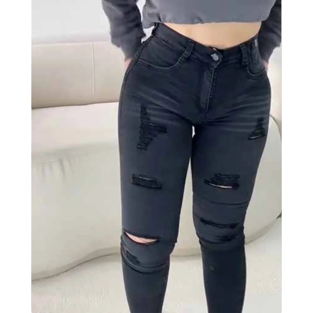 2023 Dark Gray Distressed Jeans Pencil Pants Fashion Street Wear Women Casual Trousers High Quality Fitness Comfortable Pants