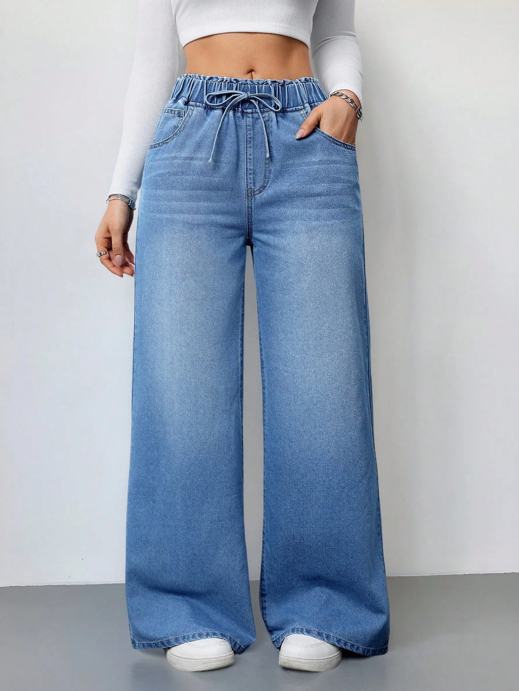 2026 New Women High Waist Drawstring Elastic Waist Washed Solid Color Wide Leg Long Pants Straight Loose Slimming Denim Pants