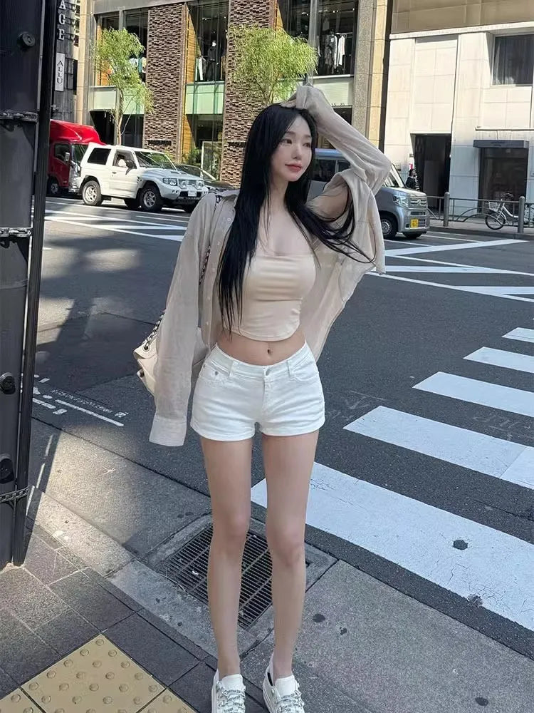 White Slim Fit Denim Super Shorts Women's American Style Hot Girl Slimming Versatile Low Waist Elastic Cotton Stretchy Hot Pants