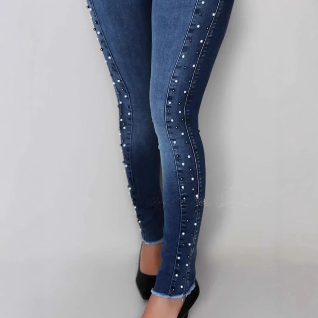 Slimming, Hip-lifting, High-waisted, Small-leg Jeans, Four Seasons New Fashionable Diamond-beaded Casual Pencil Jeans for Women