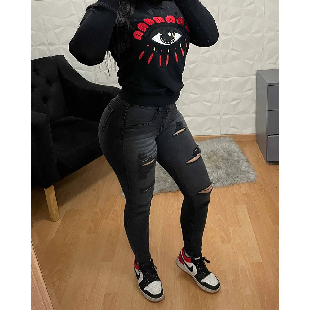2023 Dark Gray Distressed Jeans Pencil Pants Fashion Street Wear Women Casual Trousers High Quality Fitness Comfortable Pants