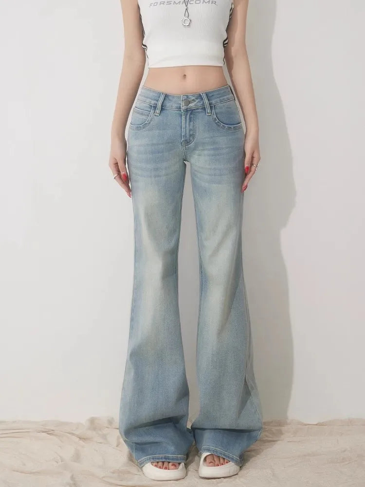 Slim Fit Simple Flared Jeans for Women High Fashion Causal England Style Y2K Street Work Low-waisted Pants Classical Clothing