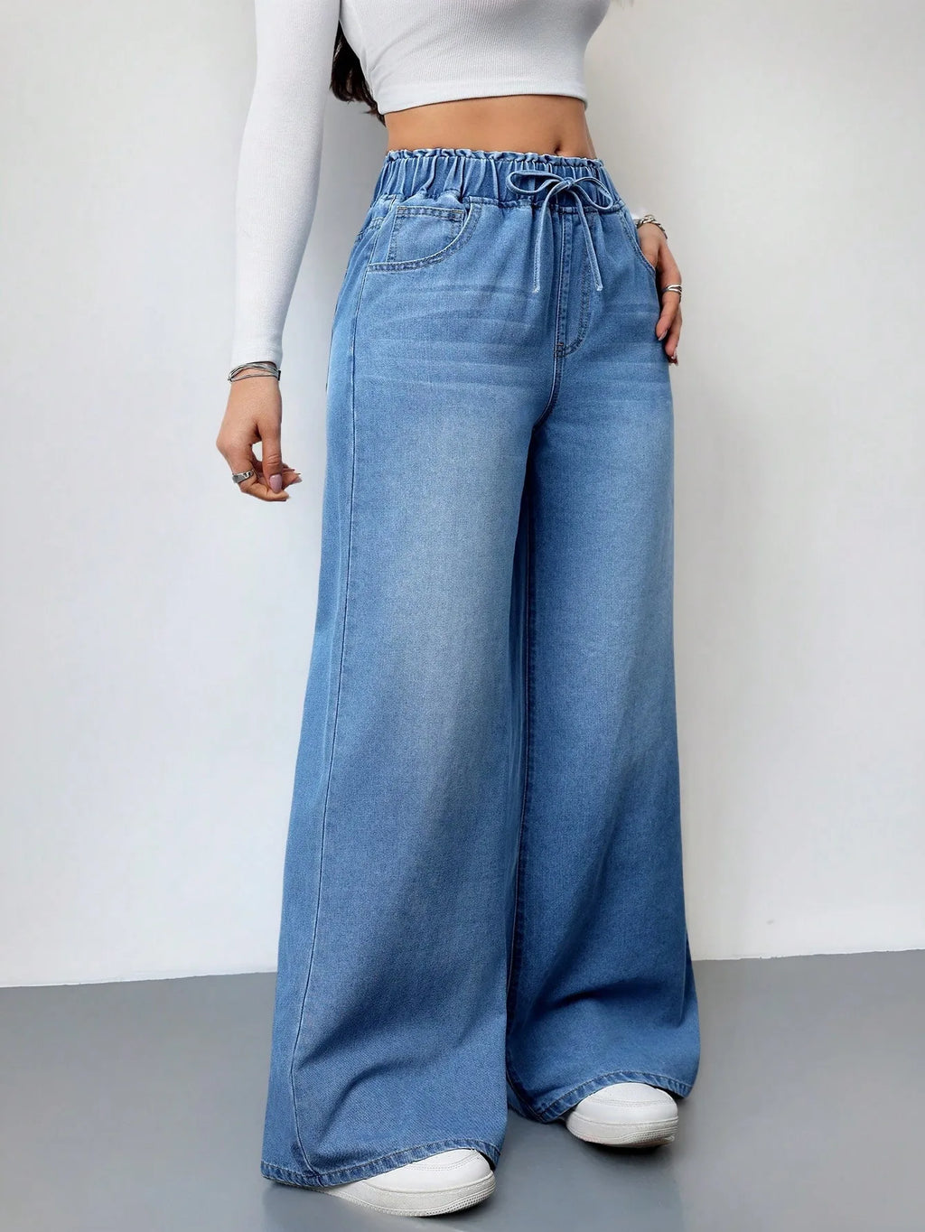 2026 New Women High Waist Drawstring Elastic Waist Washed Solid Color Wide Leg Long Pants Straight Loose Slimming Denim Pants