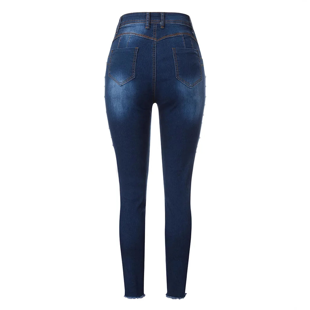 Slimming, Hip-lifting, High-waisted, Small-leg Jeans, Four Seasons New Fashionable Diamond-beaded Casual Pencil Jeans for Women
