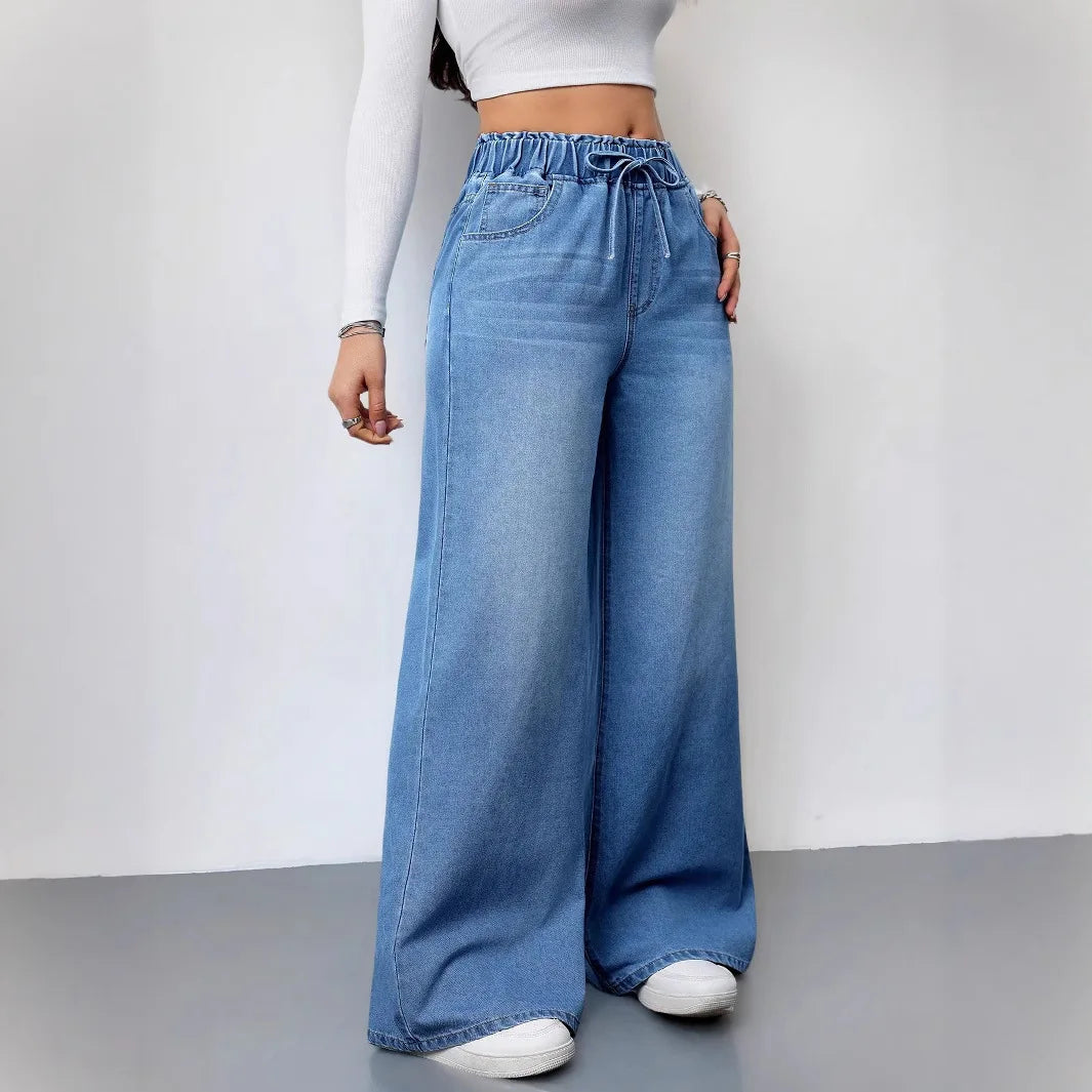 2026 New Women High Waist Drawstring Elastic Waist Washed Solid Color Wide Leg Long Pants Straight Loose Slimming Denim Pants