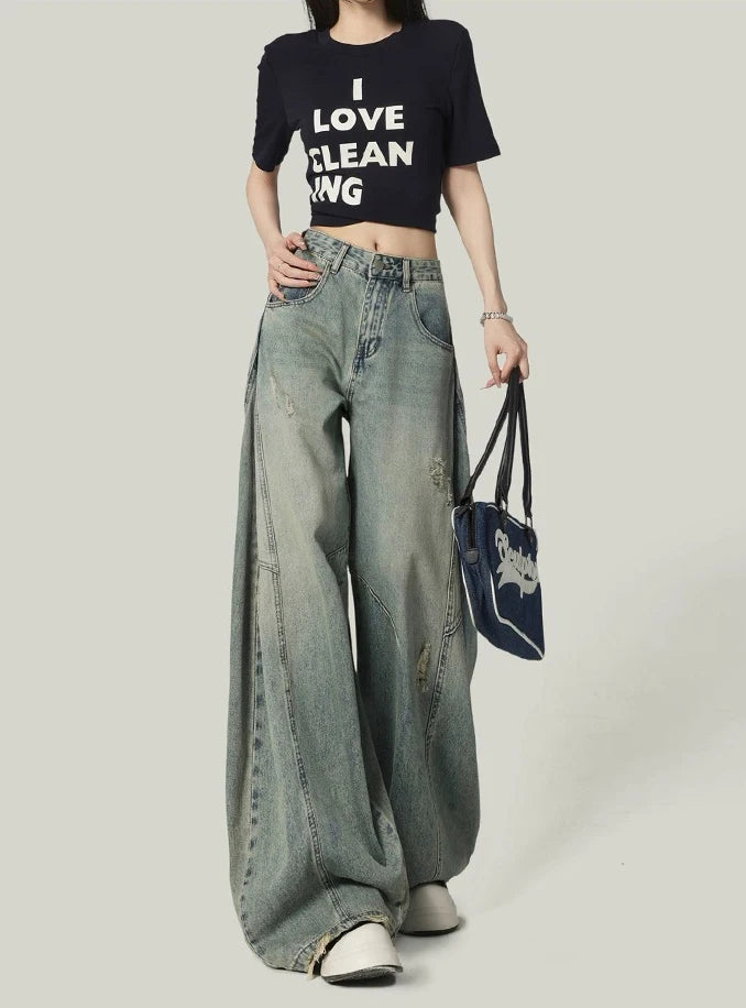 American High Street Retro Women Jeans Simple Basic High Waist Slim Woman Jeans Holes Casual Loose Chic Wide Leg Pants Female
