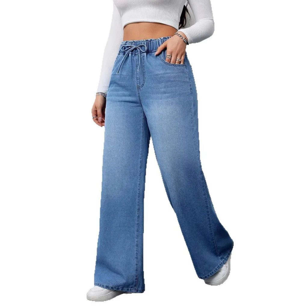 2026 New Women High Waist Drawstring Elastic Waist Washed Solid Color Wide Leg Long Pants Straight Loose Slimming Denim Pants