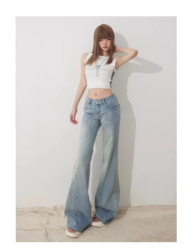 Slim Fit Simple Flared Jeans for Women High Fashion Causal England Style Y2K Street Work Low-waisted Pants Classical Clothing