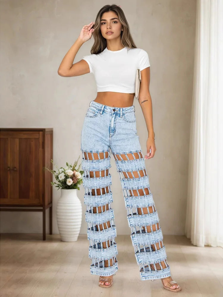 Fashion Hollow Out Denim Pants Woman Solid Color High Waist Wide Leg Jeans Female Streetwear Bottoms Summer 2025 New