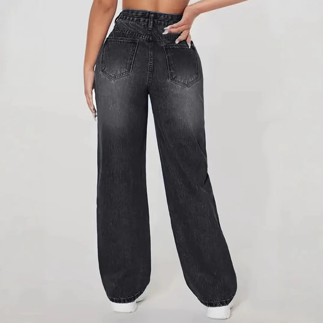 Mom Jeans Women Denim Pant Wide Leg Long Pants Hole High Waist Straight Trousers Y2k Streetwear Work Splice Casual 2025 Punk