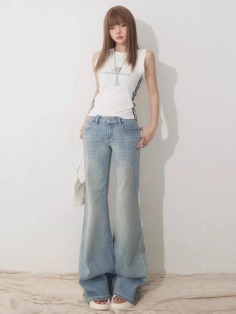 Slim Fit Simple Flared Jeans for Women High Fashion Causal England Style Y2K Street Work Low-waisted Pants Classical Clothing