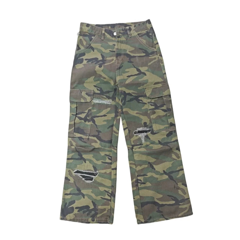 2025 Ropa Y2K Streetwear Washed Camouflage Baggy Ripped Cargo Jeans Pants For Women Clothing Multi Pockets Hip Hop Lady Trousers