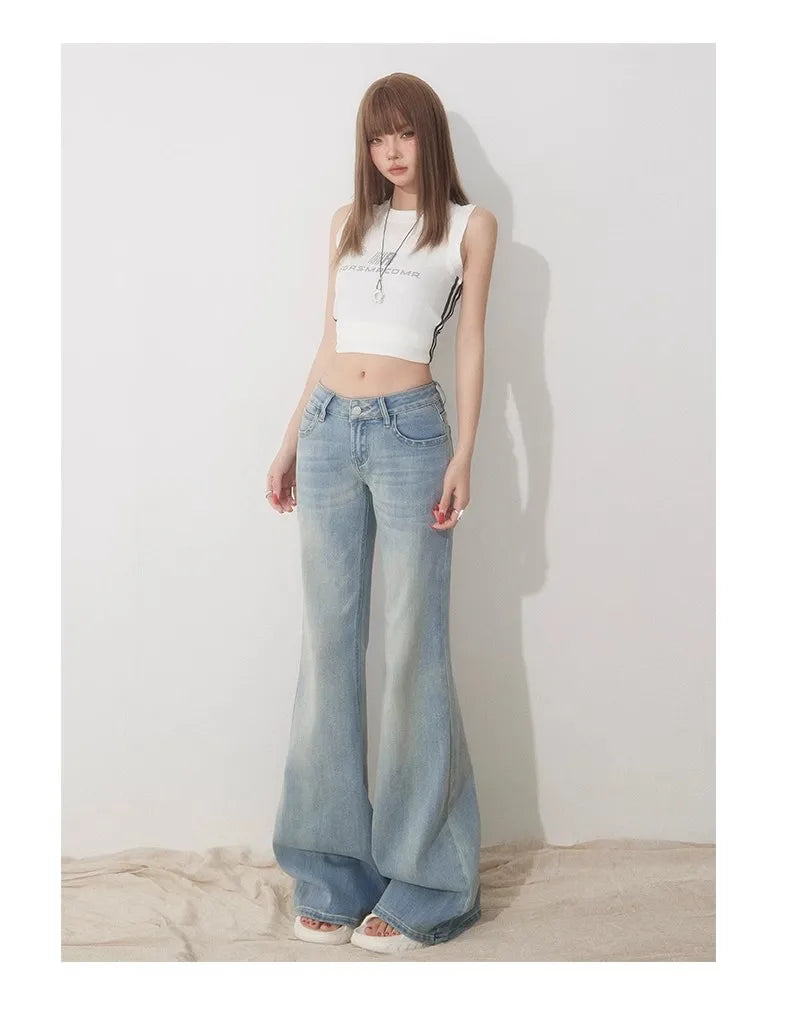 Slim Fit Simple Flared Jeans for Women High Fashion Causal England Style Y2K Street Work Low-waisted Pants Classical Clothing
