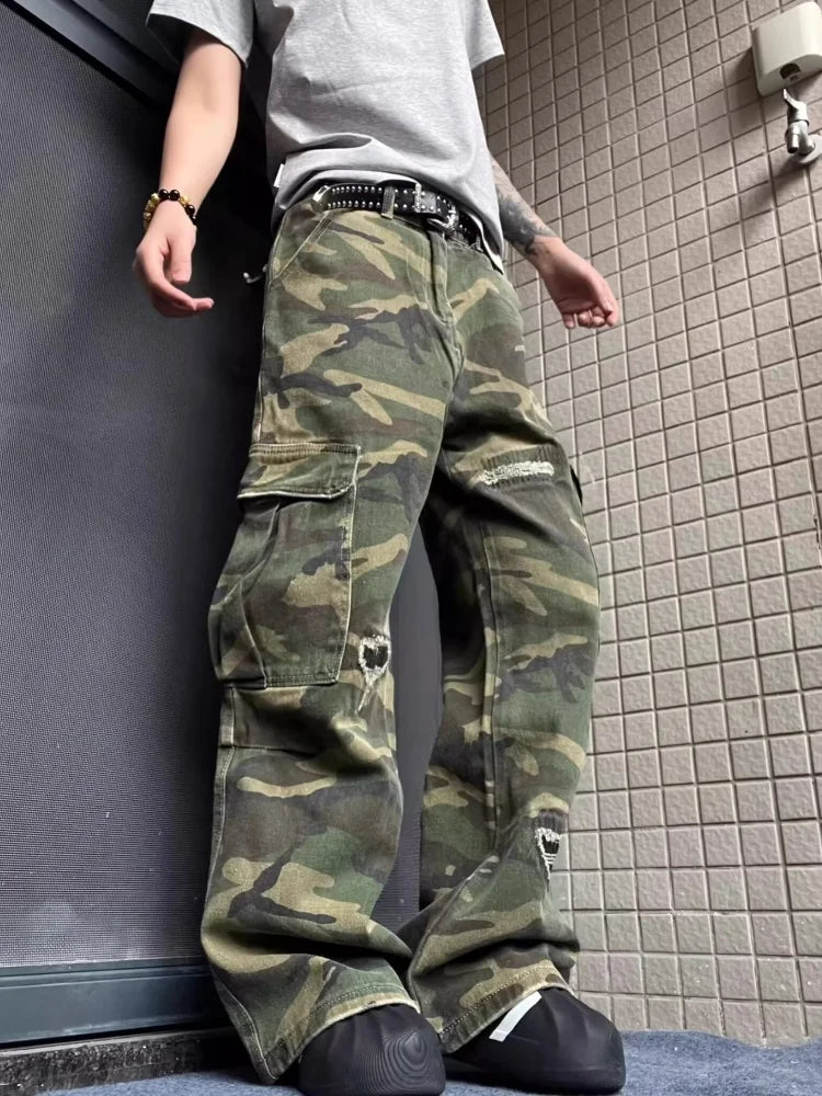 2025 Ropa Y2K Streetwear Washed Camouflage Baggy Ripped Cargo Jeans Pants For Women Clothing Multi Pockets Hip Hop Lady Trousers