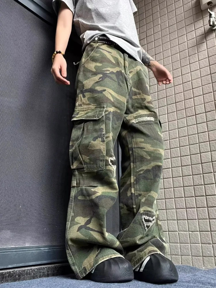 2025 Ropa Y2K Streetwear Washed Camouflage Baggy Ripped Cargo Jeans Pants For Women Clothing Multi Pockets Hip Hop Lady Trousers
