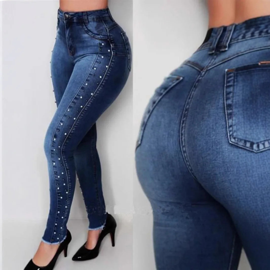 Slimming, Hip-lifting, High-waisted, Small-leg Jeans, Four Seasons New Fashionable Diamond-beaded Casual Pencil Jeans for Women