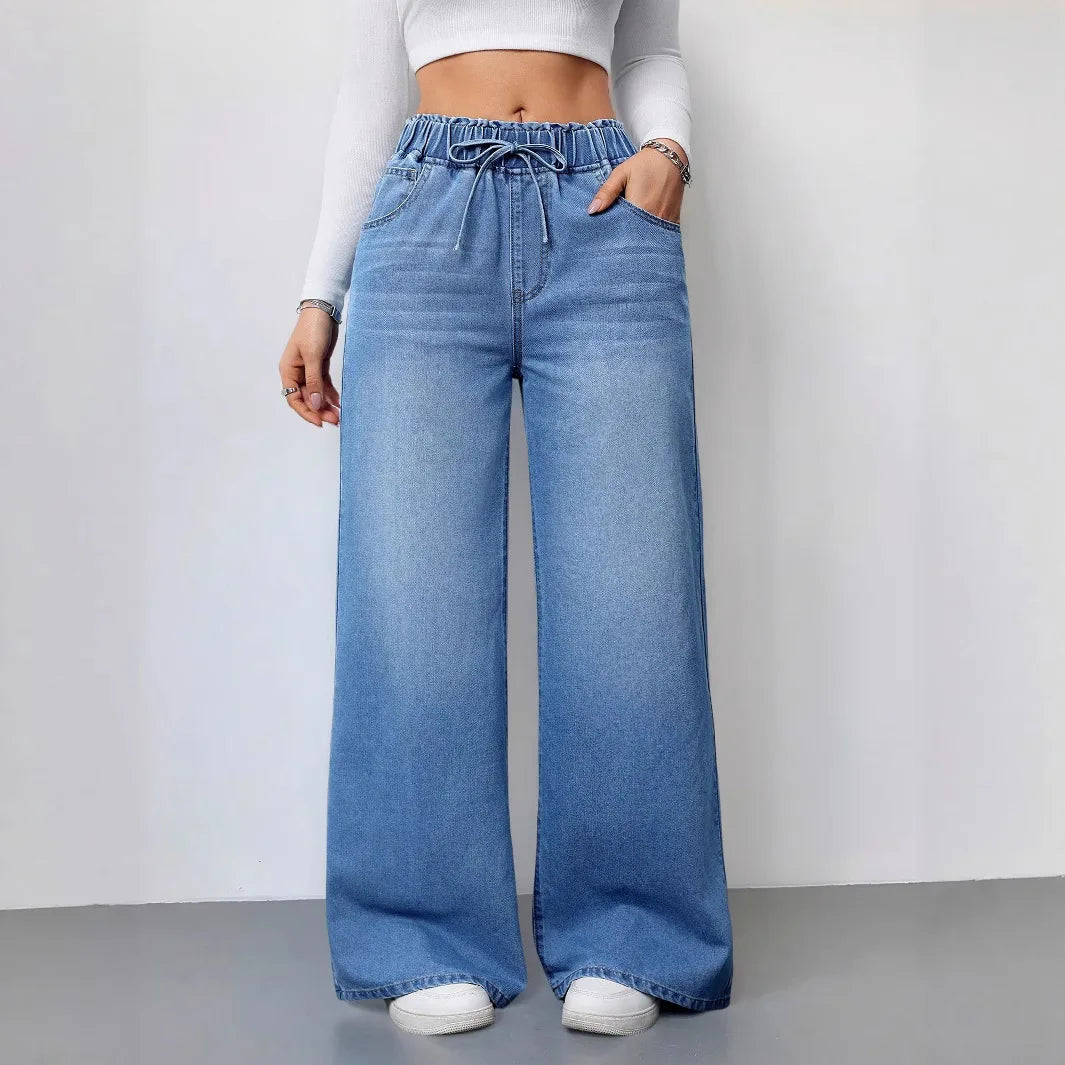 2026 New Women High Waist Drawstring Elastic Waist Washed Solid Color Wide Leg Long Pants Straight Loose Slimming Denim Pants