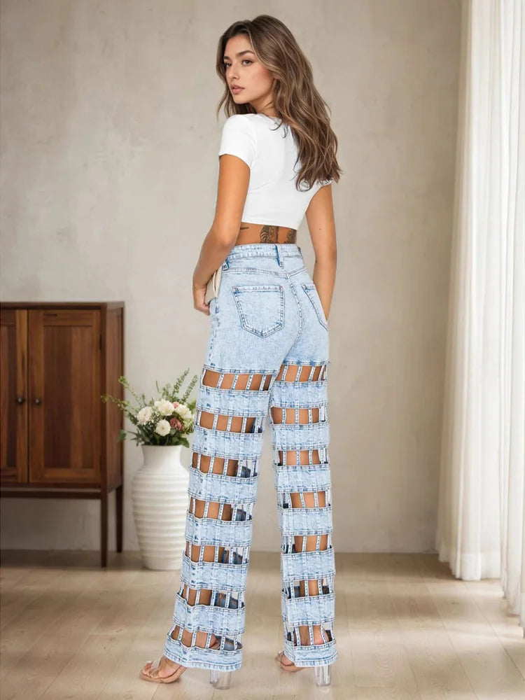 Fashion Hollow Out Denim Pants Woman Solid Color High Waist Wide Leg Jeans Female Streetwear Bottoms Summer 2025 New