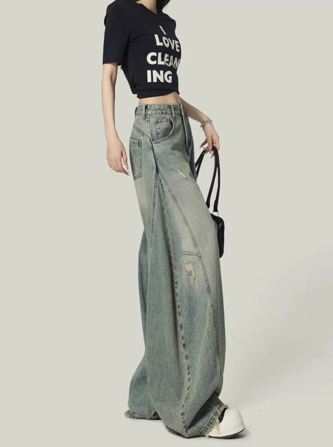 American High Street Retro Women Jeans Simple Basic High Waist Slim Woman Jeans Holes Casual Loose Chic Wide Leg Pants Female