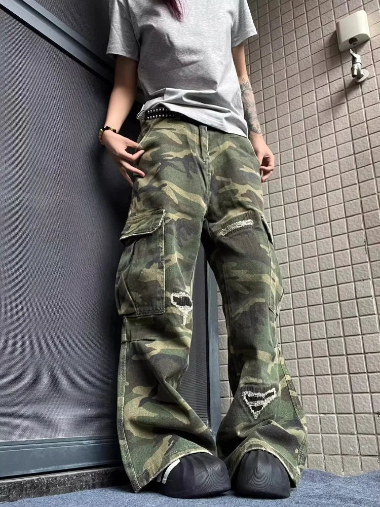 2025 Ropa Y2K Streetwear Washed Camouflage Baggy Ripped Cargo Jeans Pants For Women Clothing Multi Pockets Hip Hop Lady Trousers