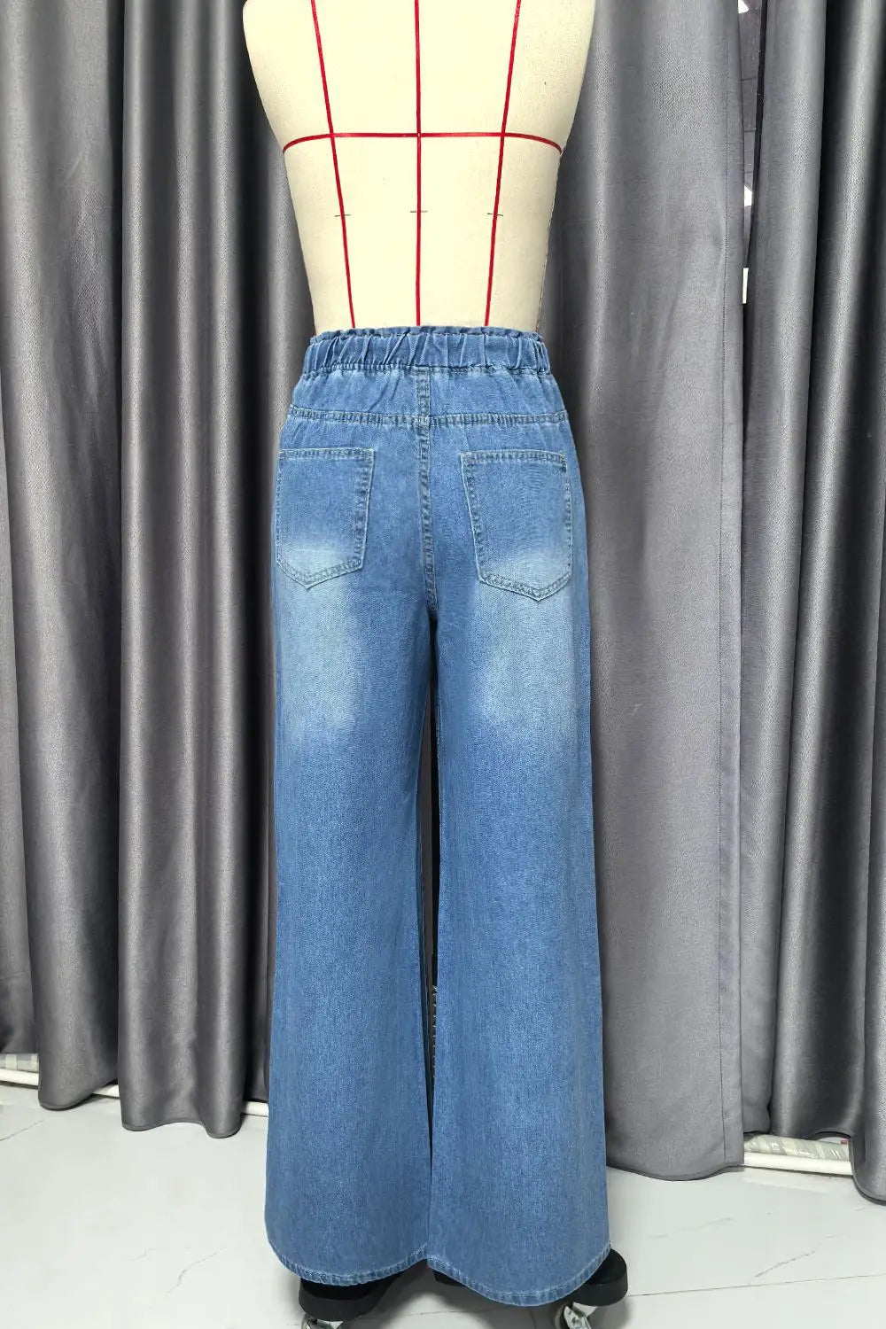 2026 New Women High Waist Drawstring Elastic Waist Washed Solid Color Wide Leg Long Pants Straight Loose Slimming Denim Pants
