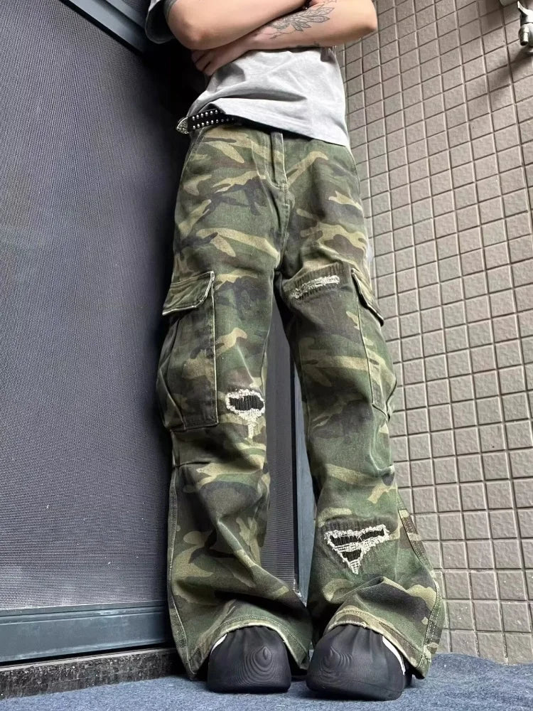 2025 Ropa Y2K Streetwear Washed Camouflage Baggy Ripped Cargo Jeans Pants For Women Clothing Multi Pockets Hip Hop Lady Trousers