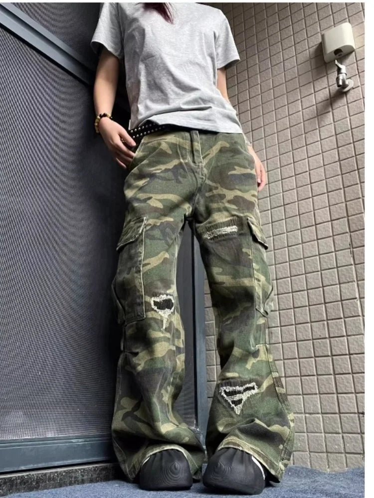 2025 Ropa Y2K Streetwear Washed Camouflage Baggy Ripped Cargo Jeans Pants For Women Clothing Multi Pockets Hip Hop Lady Trousers