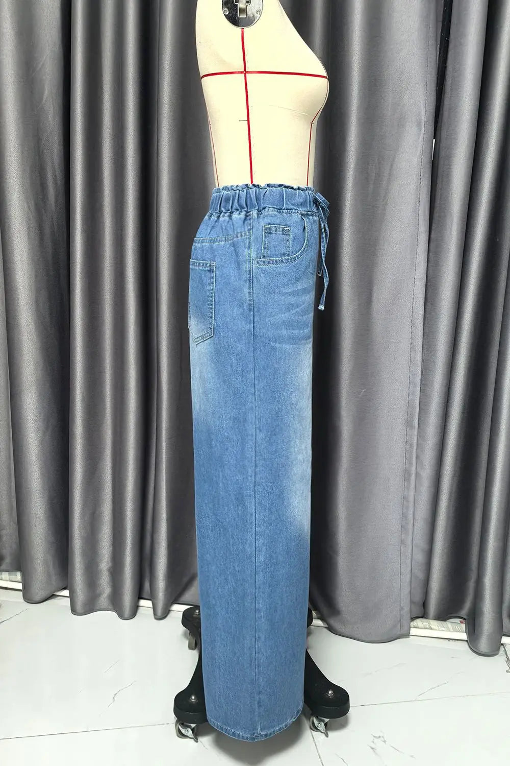 2026 New Women High Waist Drawstring Elastic Waist Washed Solid Color Wide Leg Long Pants Straight Loose Slimming Denim Pants