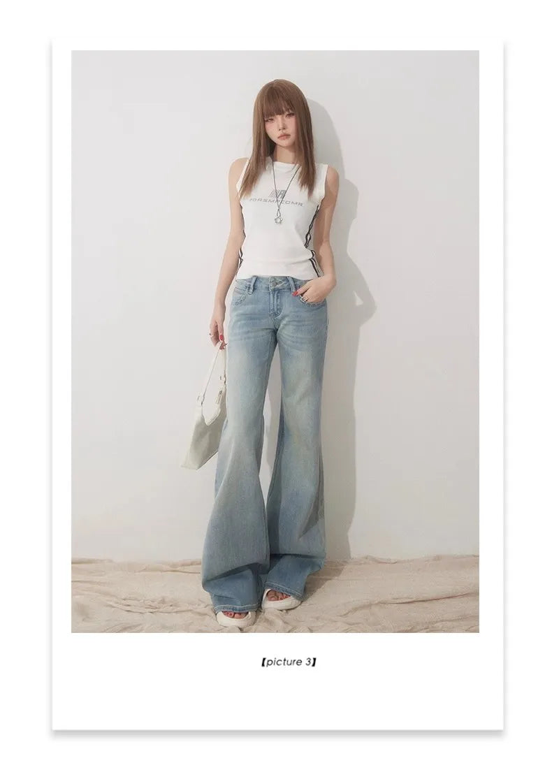 Slim Fit Simple Flared Jeans for Women High Fashion Causal England Style Y2K Street Work Low-waisted Pants Classical Clothing