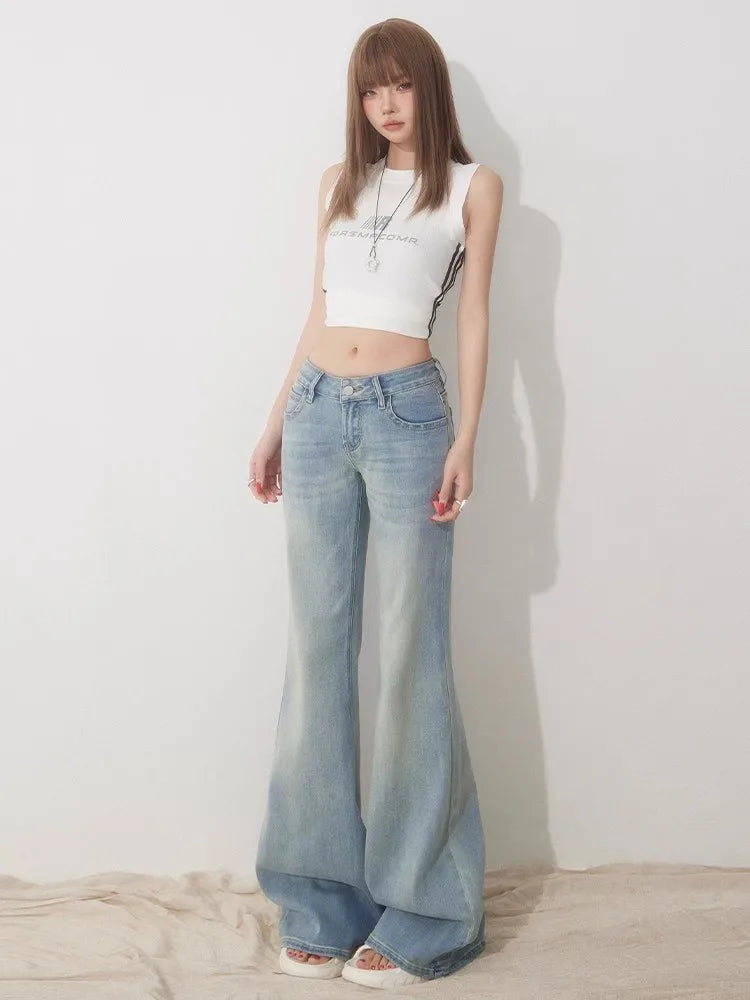 Slim Fit Simple Flared Jeans for Women High Fashion Causal England Style Y2K Street Work Low-waisted Pants Classical Clothing