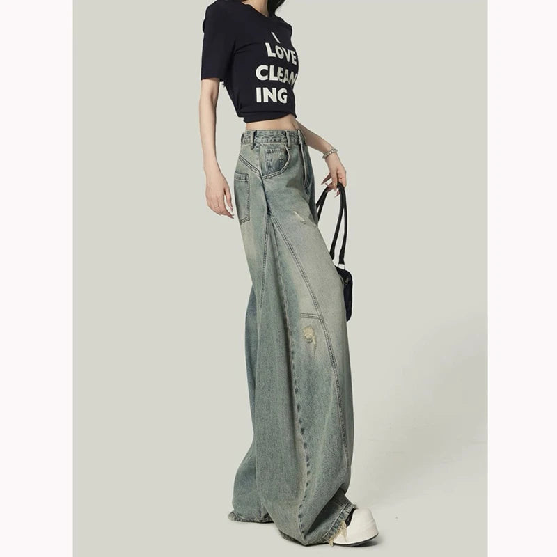 American High Street Retro Women Jeans Simple Basic High Waist Slim Woman Jeans Holes Casual Loose Chic Wide Leg Pants Female