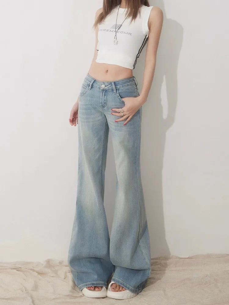 Slim Fit Simple Flared Jeans for Women High Fashion Causal England Style Y2K Street Work Low-waisted Pants Classical Clothing