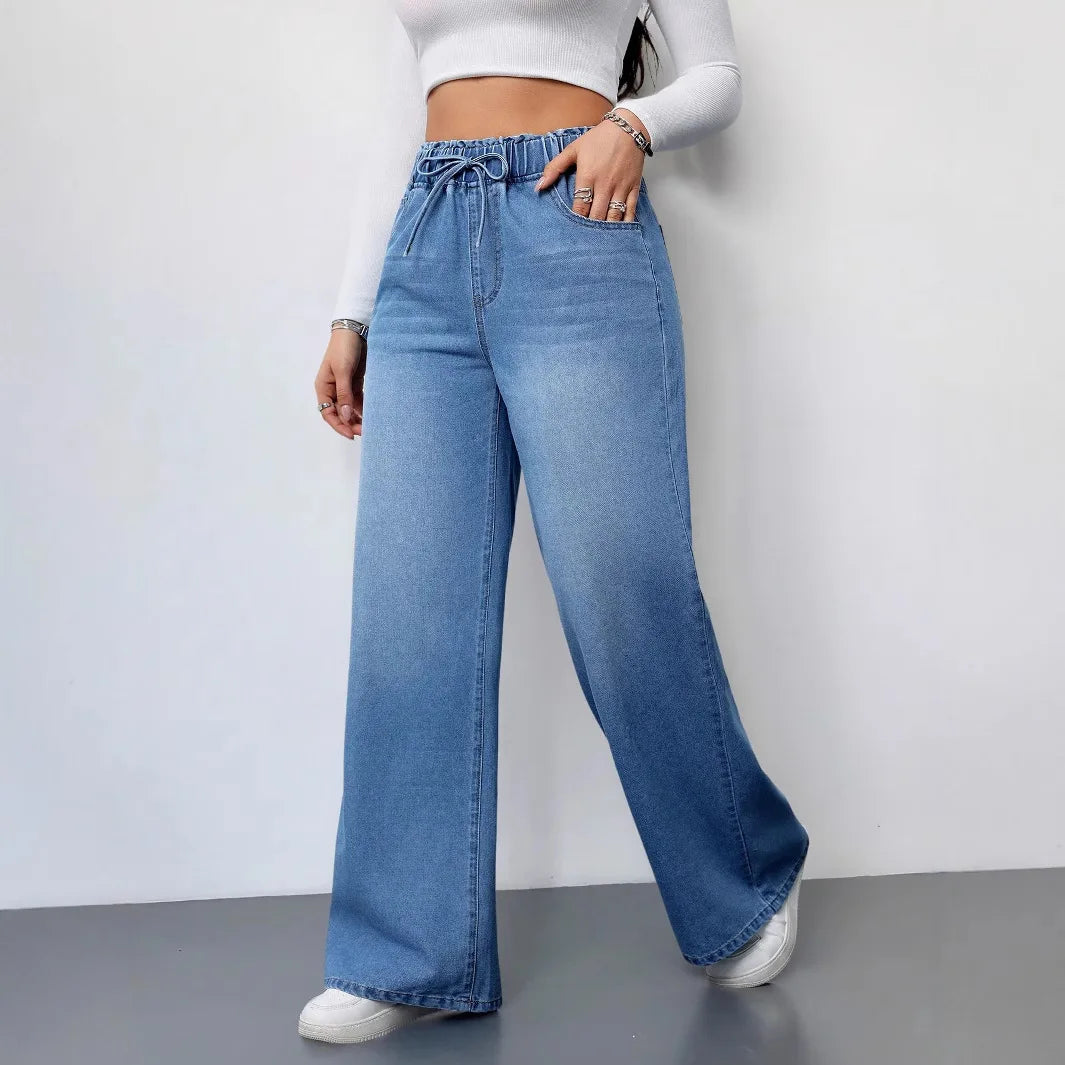 2026 New Women High Waist Drawstring Elastic Waist Washed Solid Color Wide Leg Long Pants Straight Loose Slimming Denim Pants