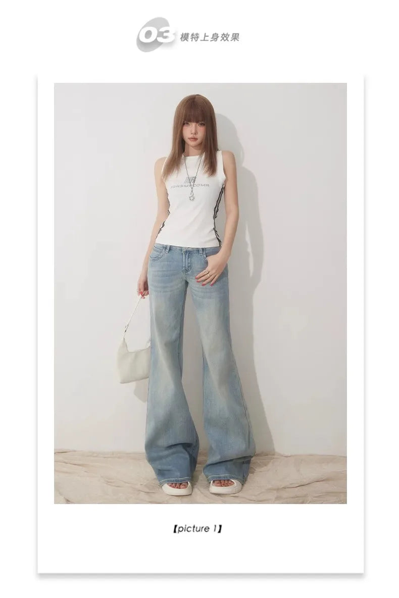 Slim Fit Simple Flared Jeans for Women High Fashion Causal England Style Y2K Street Work Low-waisted Pants Classical Clothing