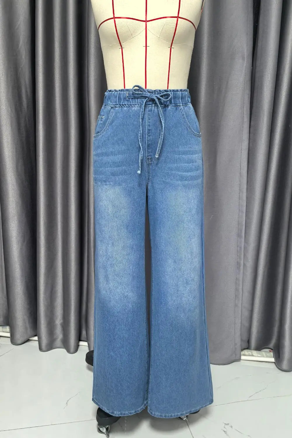 2026 New Women High Waist Drawstring Elastic Waist Washed Solid Color Wide Leg Long Pants Straight Loose Slimming Denim Pants