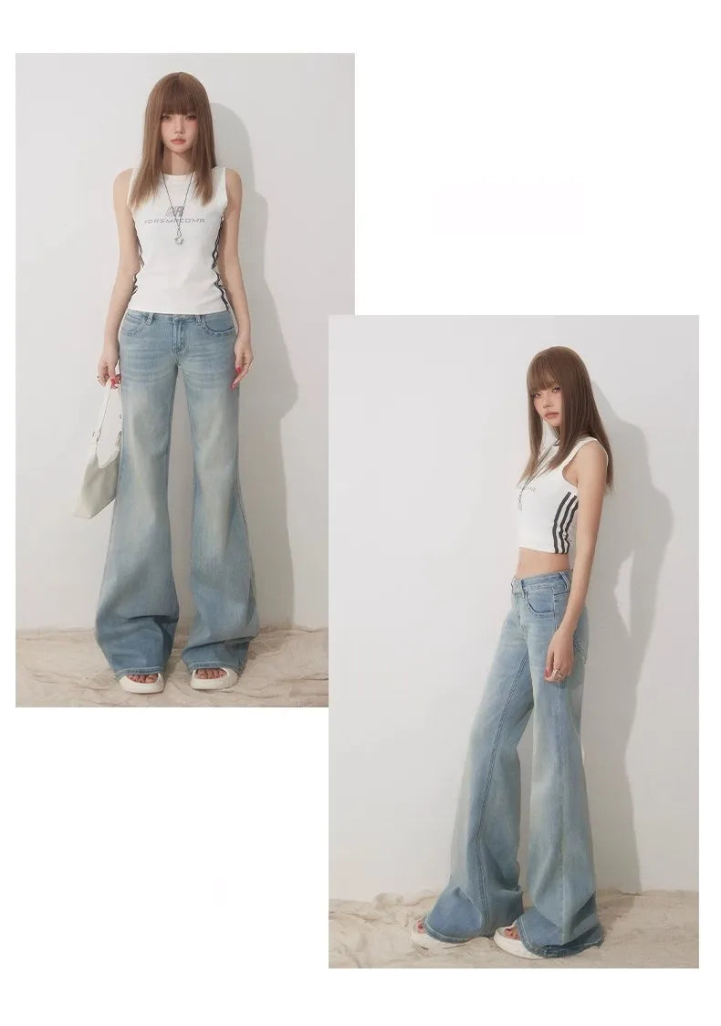 Slim Fit Simple Flared Jeans for Women High Fashion Causal England Style Y2K Street Work Low-waisted Pants Classical Clothing
