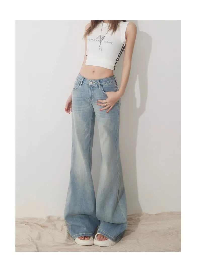 Slim Fit Simple Flared Jeans for Women High Fashion Causal England Style Y2K Street Work Low-waisted Pants Classical Clothing