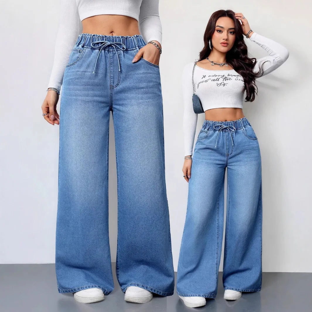 2026 New Women High Waist Drawstring Elastic Waist Washed Solid Color Wide Leg Long Pants Straight Loose Slimming Denim Pants