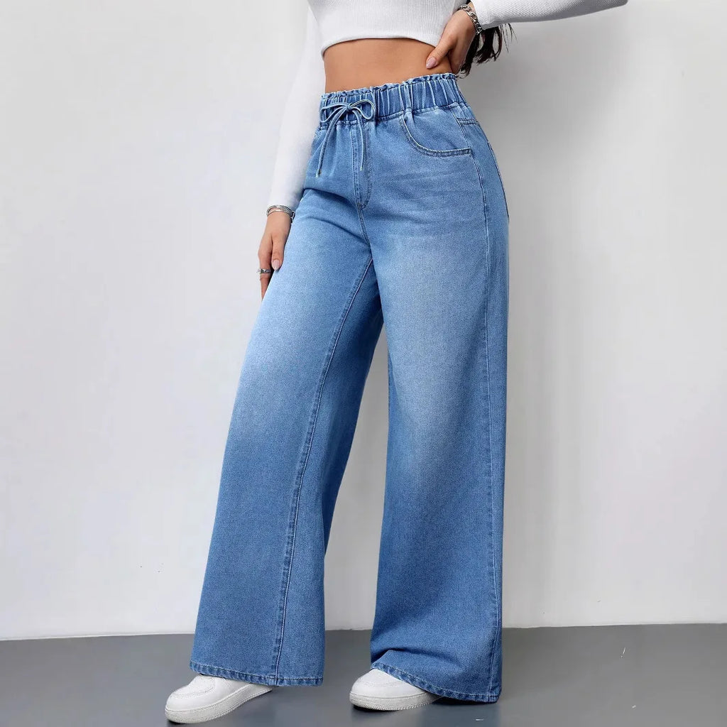2026 New Women High Waist Drawstring Elastic Waist Washed Solid Color Wide Leg Long Pants Straight Loose Slimming Denim Pants