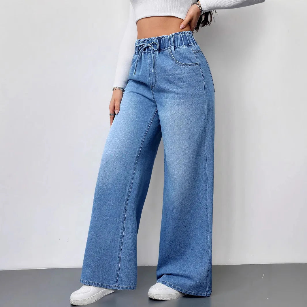 2026 New Women High Waist Drawstring Elastic Waist Washed Solid Color Wide Leg Long Pants Straight Loose Slimming Denim Pants