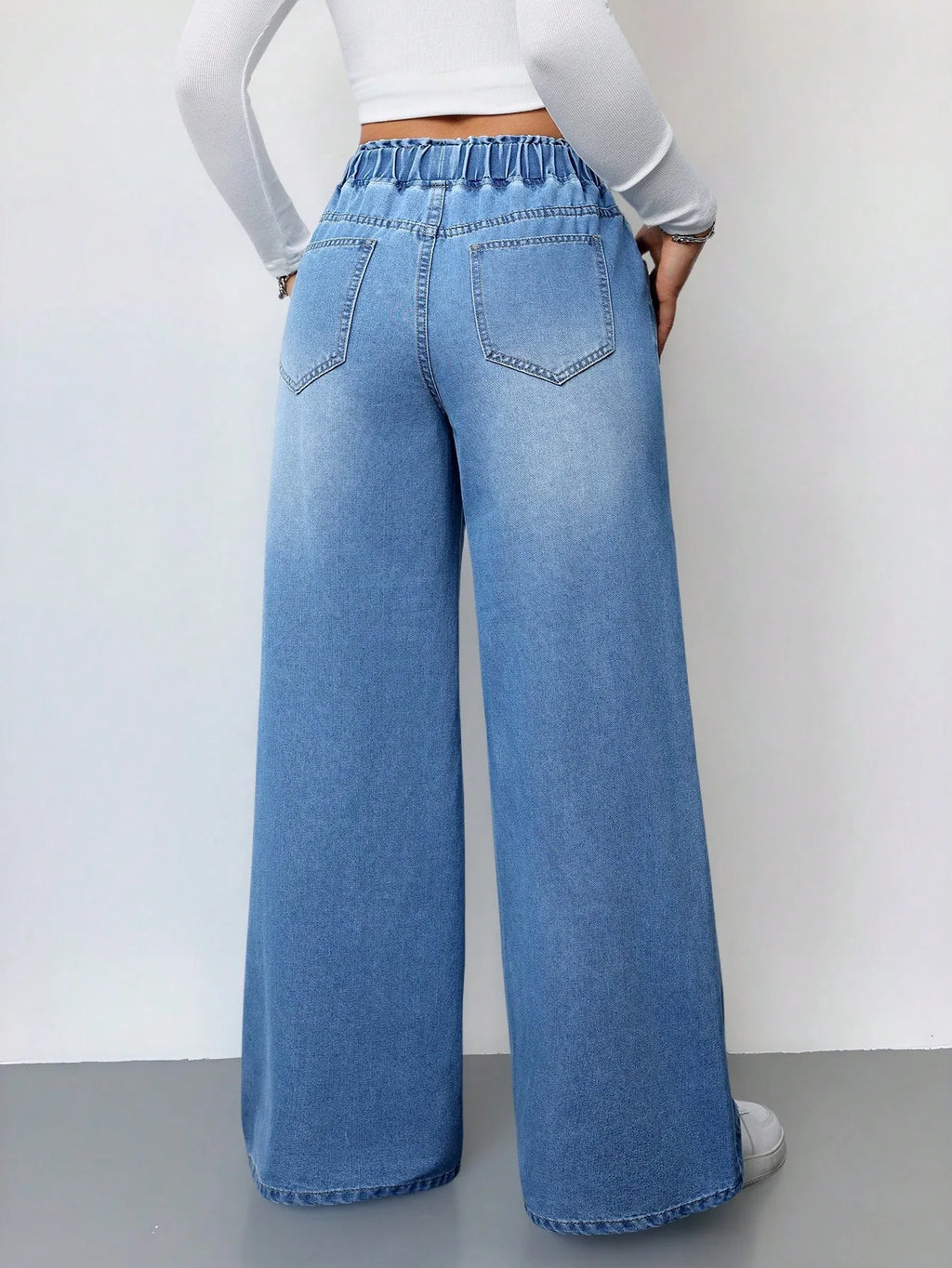 2026 New Women High Waist Drawstring Elastic Waist Washed Solid Color Wide Leg Long Pants Straight Loose Slimming Denim Pants