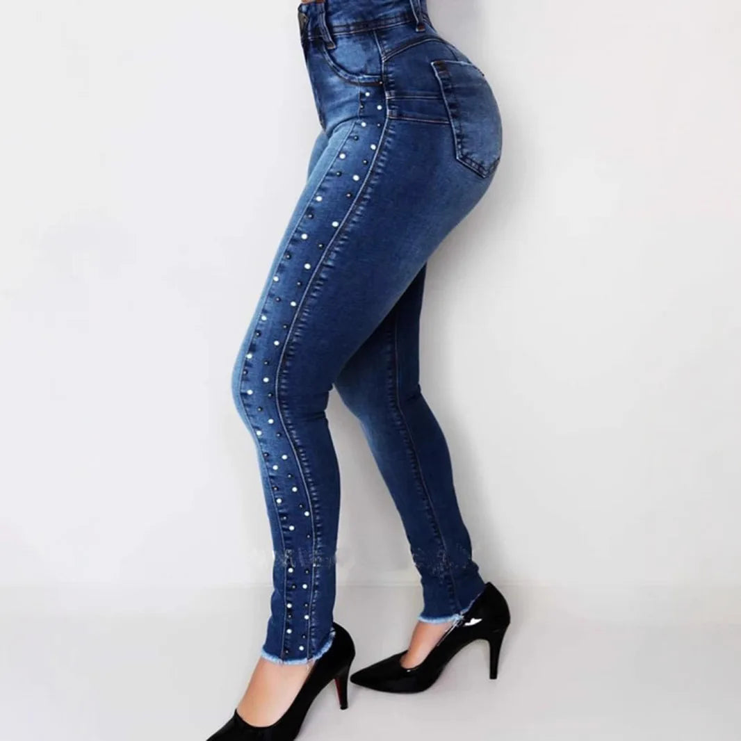 Slimming, Hip-lifting, High-waisted, Small-leg Jeans, Four Seasons New Fashionable Diamond-beaded Casual Pencil Jeans for Women
