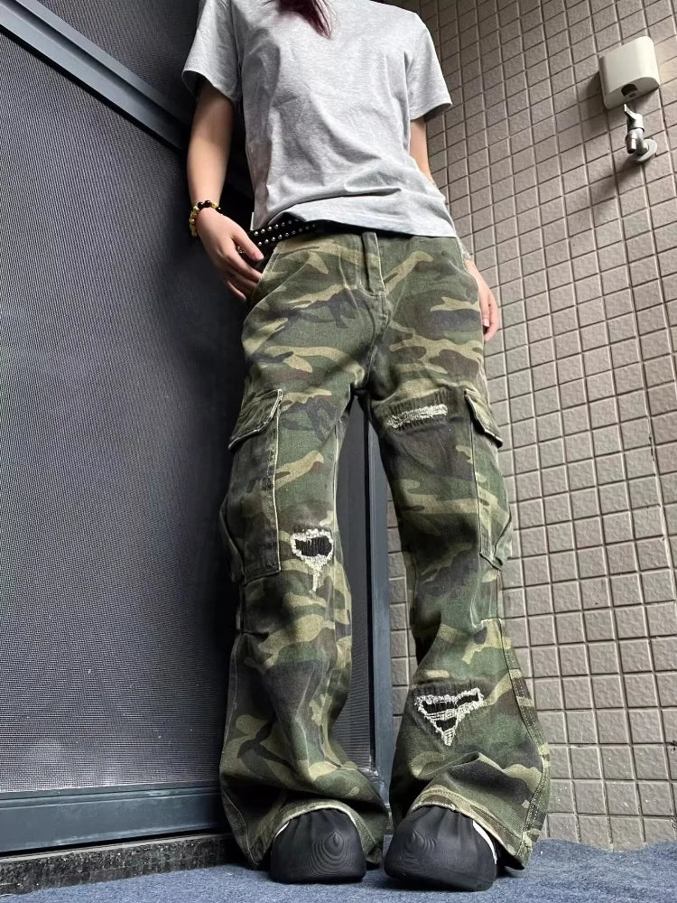 2025 Ropa Y2K Streetwear Washed Camouflage Baggy Ripped Cargo Jeans Pants For Women Clothing Multi Pockets Hip Hop Lady Trousers