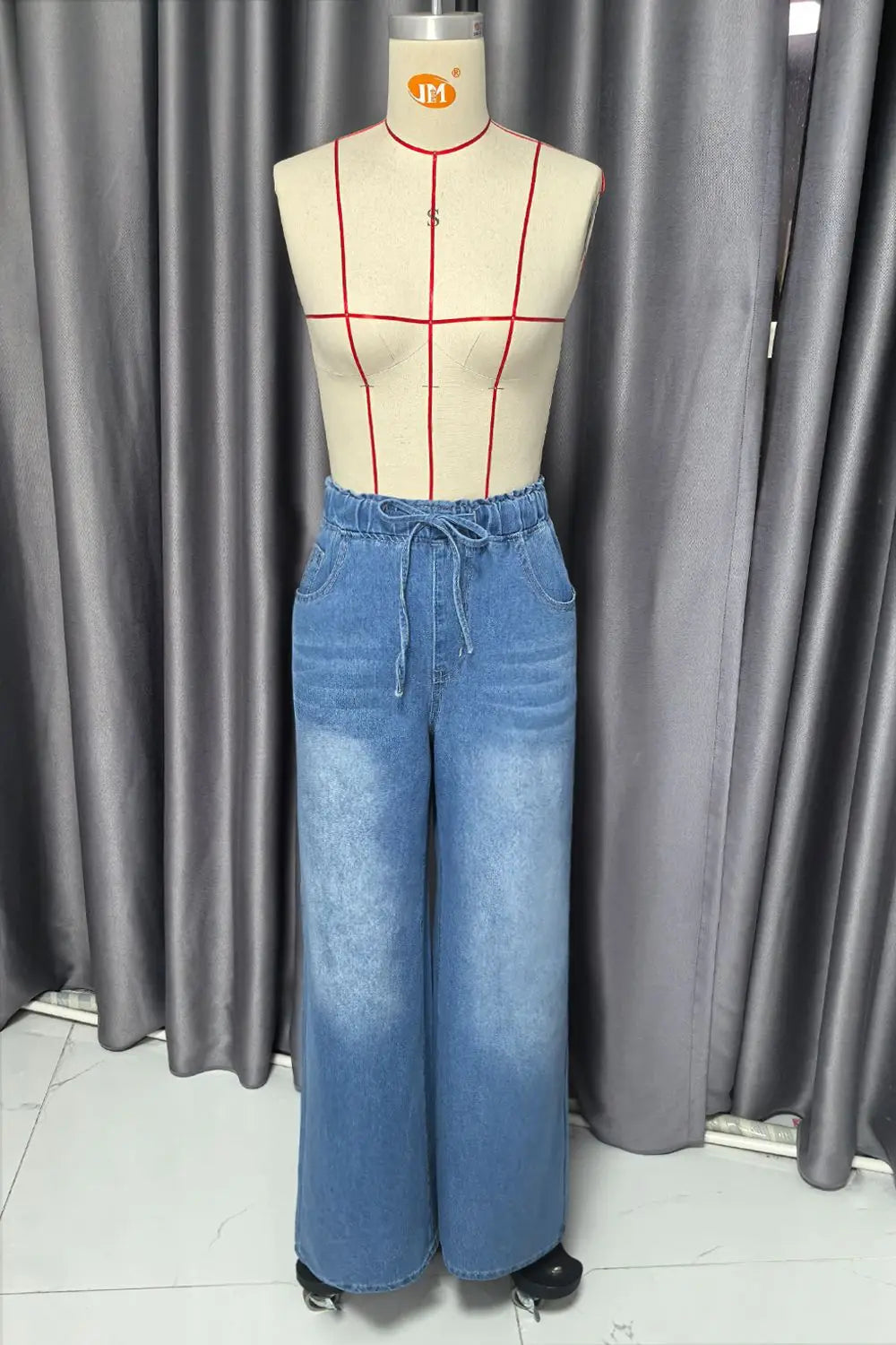 2026 New Women High Waist Drawstring Elastic Waist Washed Solid Color Wide Leg Long Pants Straight Loose Slimming Denim Pants
