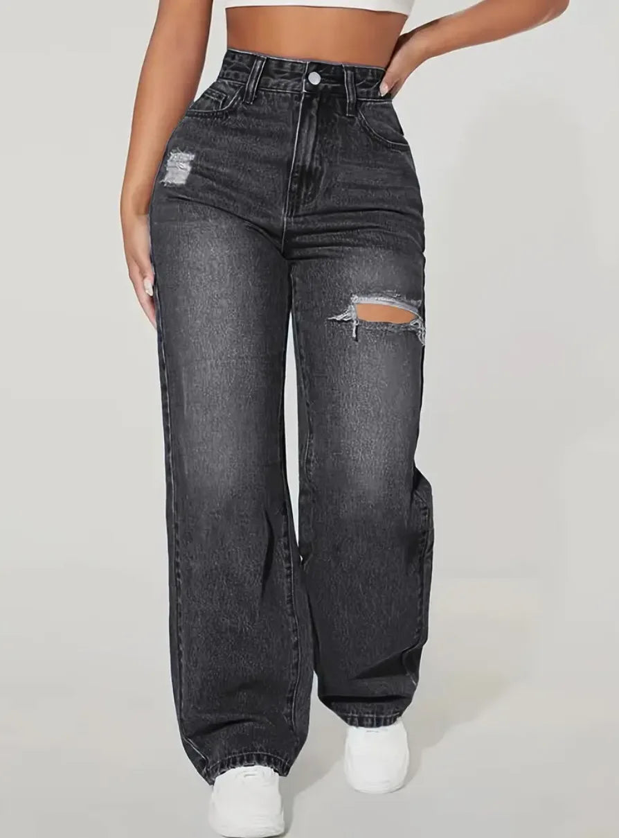 Mom Jeans Women Denim Pant Wide Leg Long Pants Hole High Waist Straight Trousers Y2k Streetwear Work Splice Casual 2025 Punk